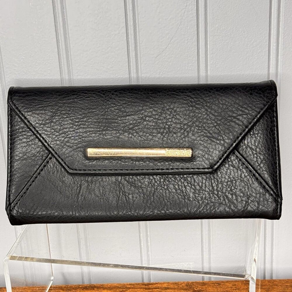 Kensie Pebbled Finish Black Faux Leather Clutch Wallet Flap Over Gold Hardware